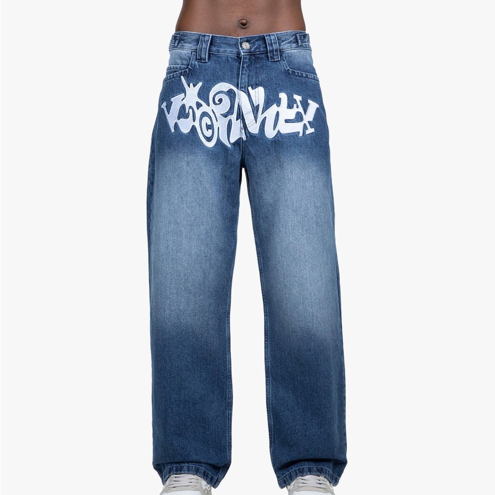 vicinity y2k dark denim havoc blue baggy graphic print jean pants